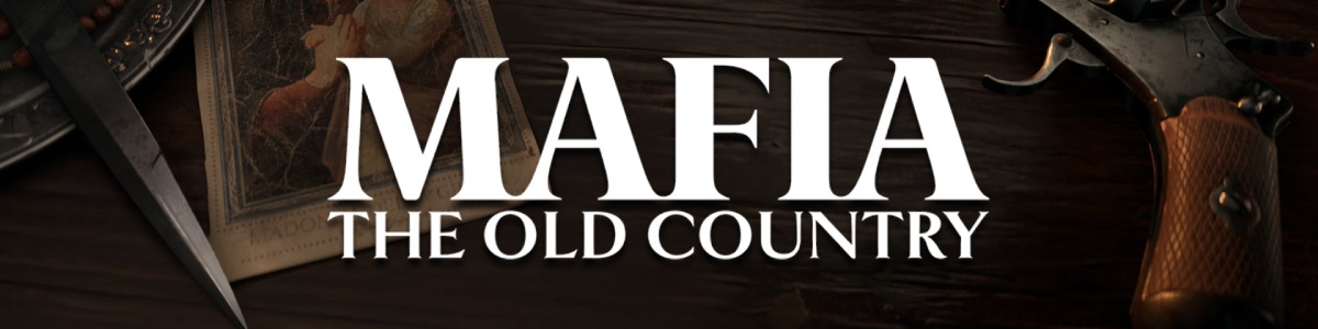 Napis Mafia: The Old Country, w tle stół z pistoletem, nożem stilleto i ikoną maryjną
