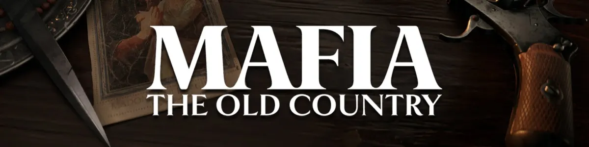 Napis Mafia: The Old Country, w tle stół z pistoletem, nożem stilleto i ikoną maryjną