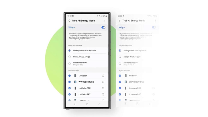 Ekran smartfona pokazuje menu "Tryb AI Energy Mode" z opcjami oszczędzania energii i listą urządzeń. Zielony okrąg w tle.