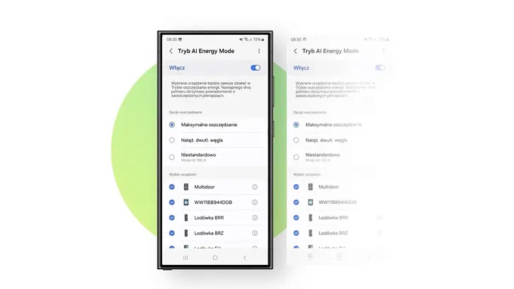 Ekran smartfona pokazuje menu "Tryb AI Energy Mode" z opcjami oszczędzania energii i listą urządzeń. Zielony okrąg w tle.
