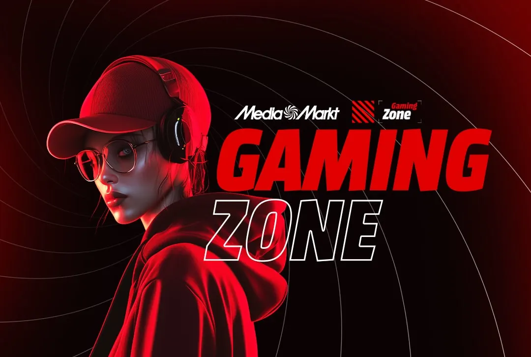 Osoba w słuchawkach, widok z tyłu. Napis Gaming Zone i "przyjdź i zagraj" na czerwono-czarnym tle.