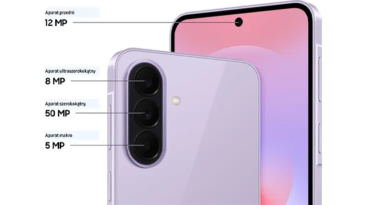 Trzy obiektywy dla niezapomnianych ujęć: Aparat przedni 12 MP; Aparat ultraszerokokątny 8MP; Aparat szerokokątny 50 MP; Aparat Makro 5 MP/