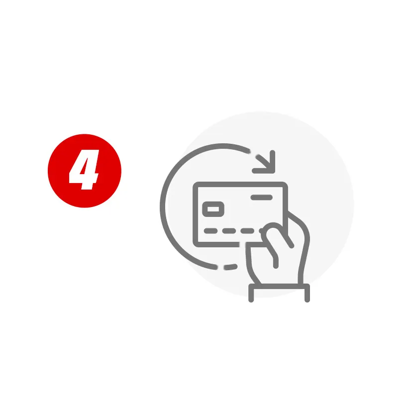 Czerwone koło z numerem 4 i ikona ręki trzymającej kartę kredytową otoczoną strzałką na białym tle.