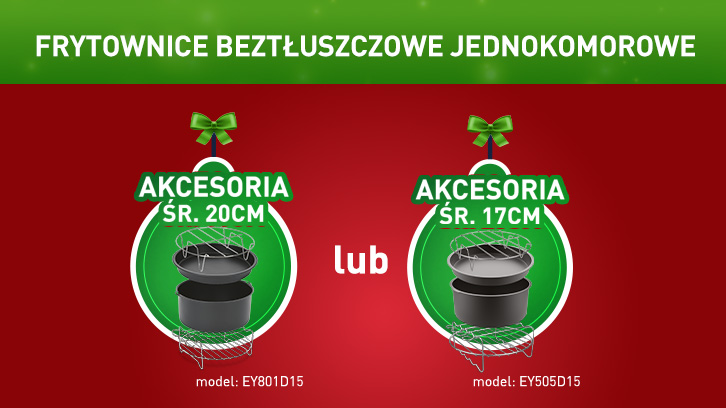 Reklama: frytownice beztłuszczowe z akcesoriami o średnicy 20 i 17 cm na czerwonym tle z zielonymi akcentami i napisami.