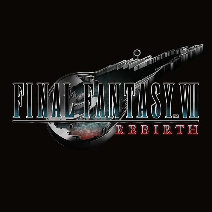 Logo gry Final Fantasy VII Rebirth na czarnym tle. Tytuł gry jest duży, srebrny z niebieskim obrysem.