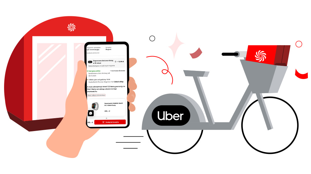 Reklama Uber Eats: witryna sklepowa, telefon z aplikacją i szary rower dostawczy z czerwonym koszykiem.