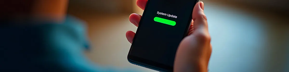 Mężczyzna trzymający w dłoni smartfon będący w trakcie aktualizacji.