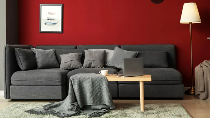 Ciemnoszara sofa z poduszkami na tle czerwonej ściany. Na stoliku kawa, laptop i pled. Obok lampa podłogowa i dywan.
