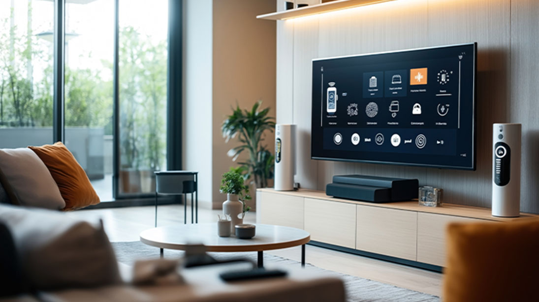 Telewizor 65 cali z ostrym obrazem (menu z białymi ikonami na czarnym tle) w eleganckim, jasnym salonie.