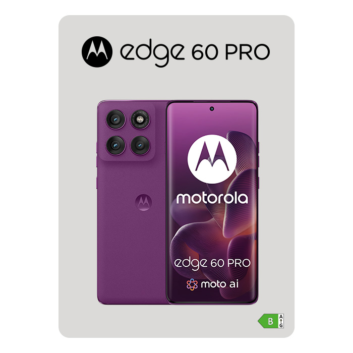 Fioletowy smartfon Motorola Edge 60 Pro z czterema obiektywami aparatu i logo firmy na ekranie.