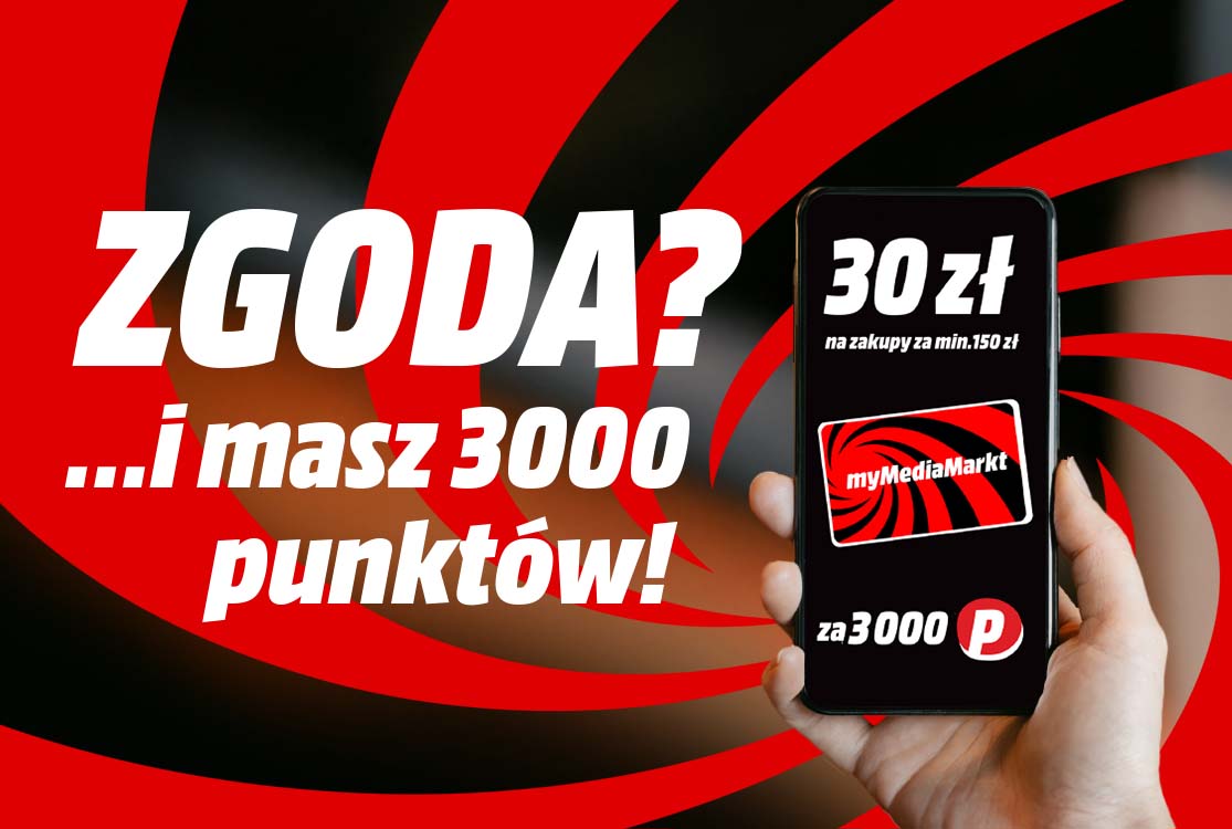 Grafika reklamowa z hasłem "Zgoda? ...i masz 3000 punktów!" na czerwono-czarnym tle. Dłoń trzyma telefon z logiem myMediaMarkt.