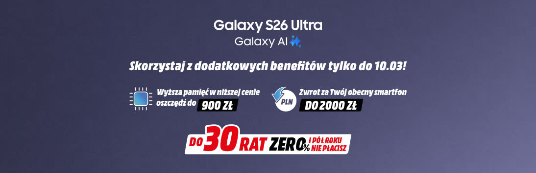 Grafika promocyjna Galaxy S26 Ultra (Galaxy AI). Z lewej zbliżenie na tylny moduł aparatów, fioletowe tło. Teksty: „Skorzystaj z dodatkowych benefitów tylko do 10.03!”, „Do 30 rat 0% i pół roku nie płacisz”, „Wyższa pamięć w niższej cenie — oszczędź do 900 zł”, „Zwrot za Twój obecny smartfon do 2000 zł”.