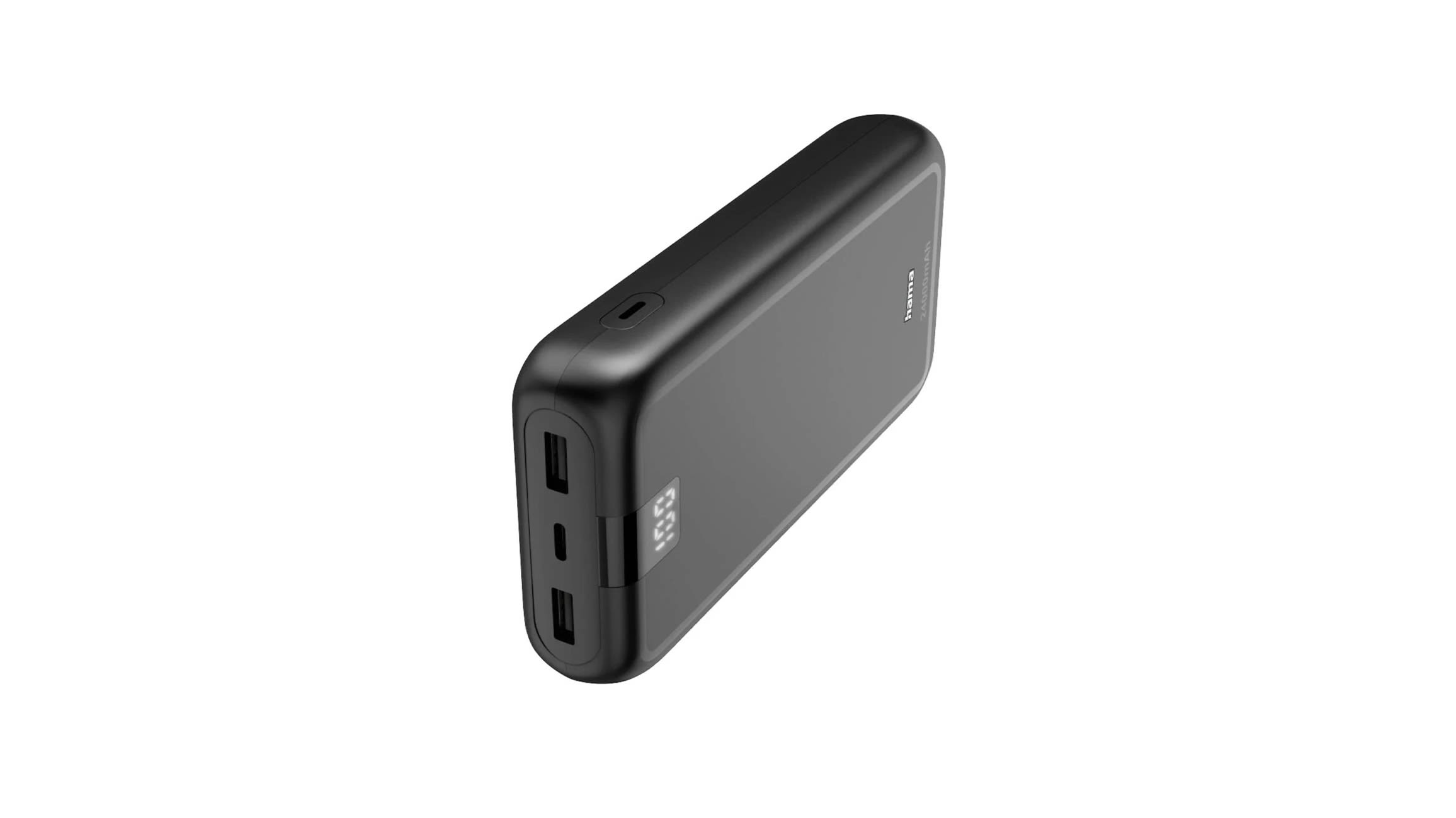 Czarny powerbank Hama Power Pack Performance z zaokrąglonymi rogami, wyświetlaczem LED i portami USB, ustawiony pionowo na białym tle.