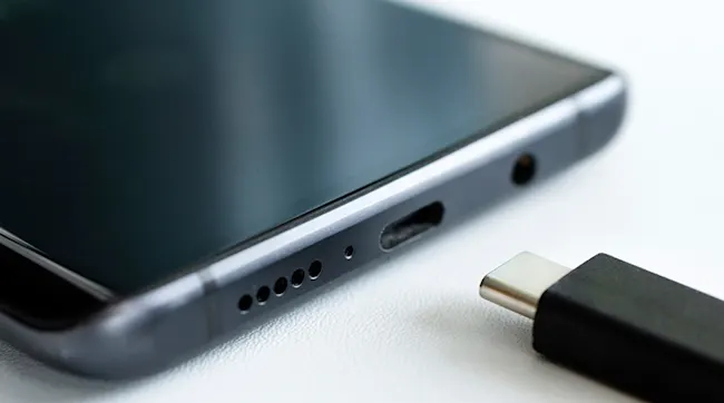 Czarny smartfon leży na białej powierzchni obok czarnej wtyczki USB-C. Widoczne są głośniki, gniazdo słuchawkowe i port ładowania.
