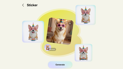 Ekran „Sticker”: w centrum zdjęcie corgi w czapce urodzinowej i kolorowych okularach; wokół trzy warianty kreskówkowej naklejki z psem; na dole przycisk „Generate”.