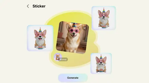 Ekran „Sticker”: w centrum zdjęcie corgi w czapce urodzinowej i kolorowych okularach; wokół trzy warianty kreskówkowej naklejki z psem; na dole przycisk „Generate”.
