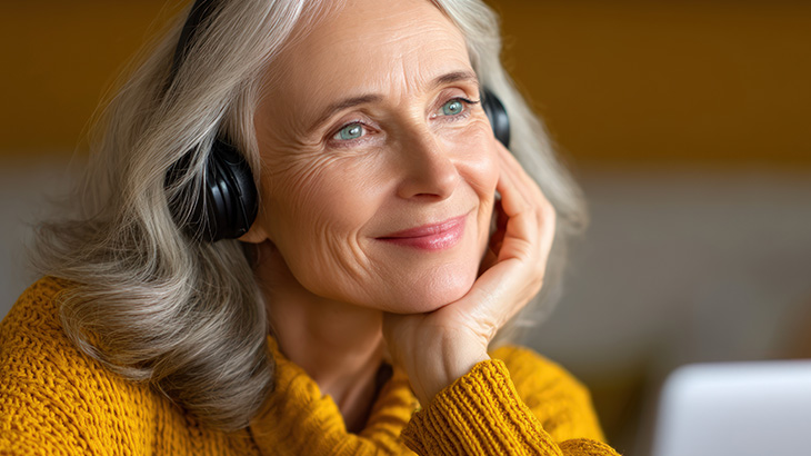 Kobieta w słuchawkach, ubrana w żółty sweter, opiera podbródek na dłoni. Tło jest w odcieniach brązu i szarości.