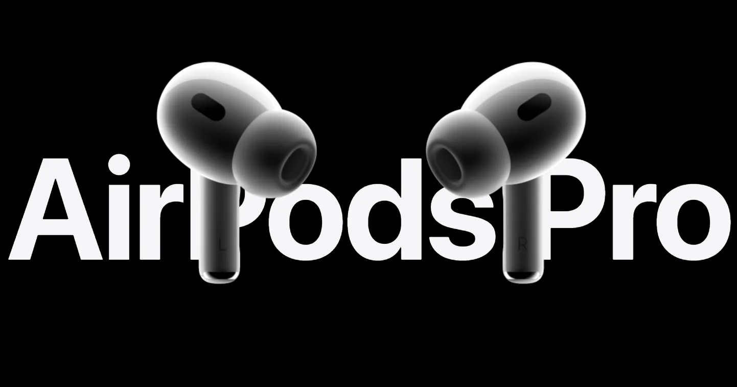 Na czarnym tle widnieją dwa białe słuchawki AirPods Pro oraz biały napis "AirPods Pro".