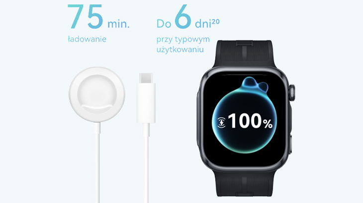 75 min ładowanie. Do 6 dni przy typowym użytkowaniu. Ładowarka i Huawei D3