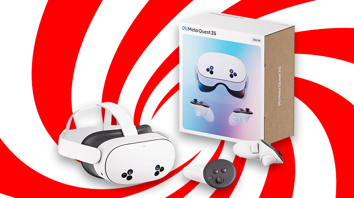 Gogle VR Meta Quest 3, kontrolery i opakowanie na wzorzystym czerwono-białym tle.