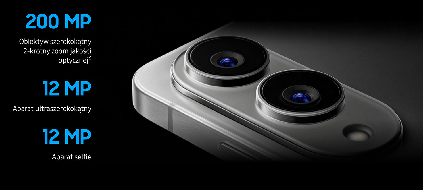 Dwa okrągłe obiektywy aparatu na srebrnym telefonie, z tekstem o rozdzielczości 200 MP, 12 MP dla ultraszerokiego kąta i selfie.