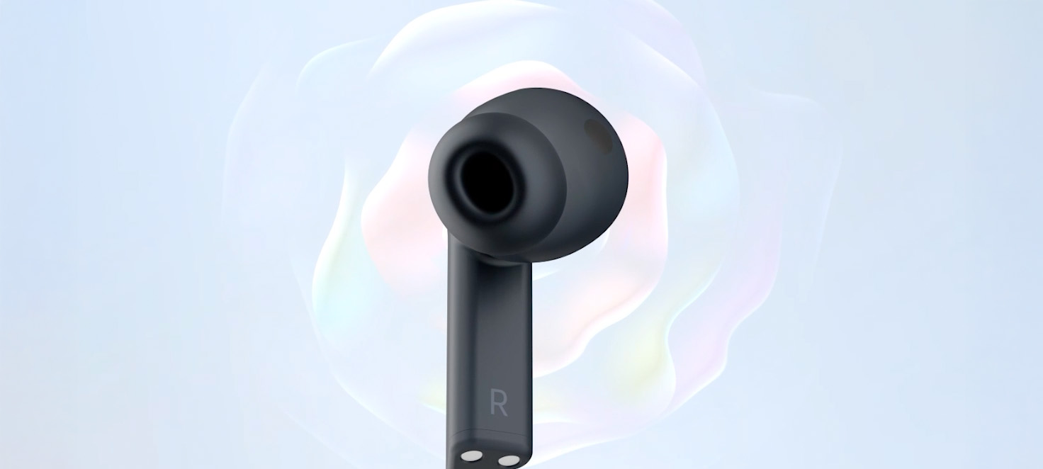 Słuchawka Buds FE3 a obok niej efekt wibrującego dźwięku