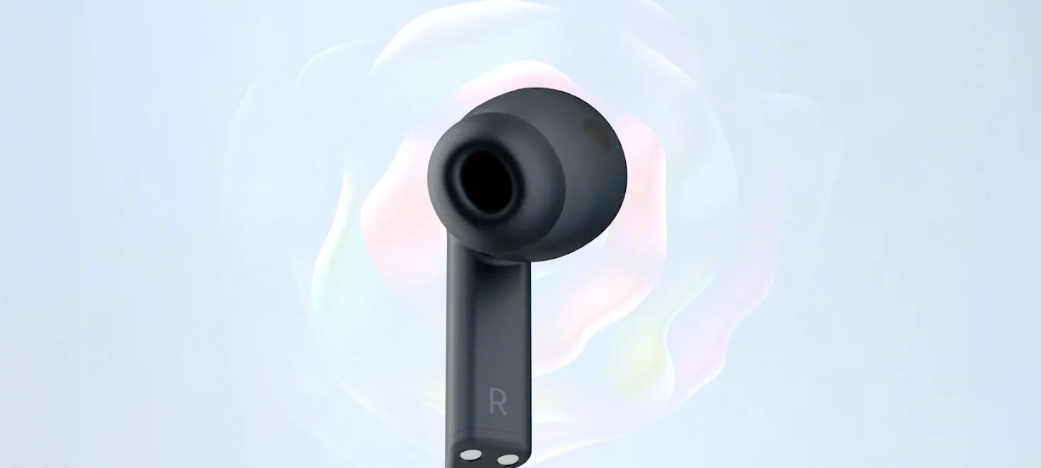 Słuchawka Buds FE3 a obok niej efekt wibrującego dźwięku