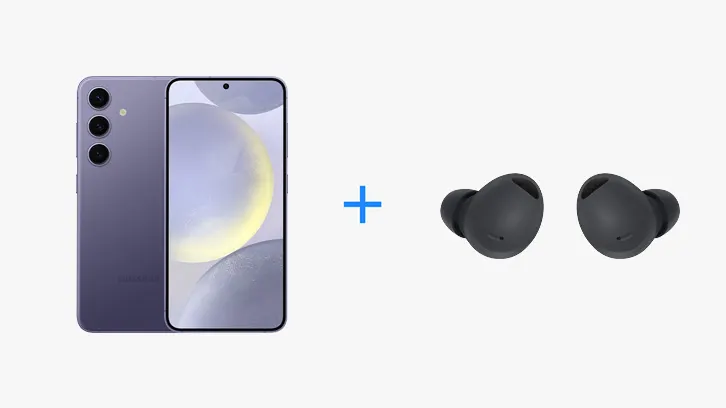 Fioletowy smartfon, niebieski znak plus i dwie czarne słuchawki na białym tle.