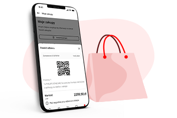 Czarny smartfon wyświetla kod QR obok różowej torby na zakupy z czerwonymi uchwytami na białym tle.