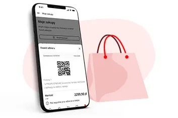 Czarny smartfon wyświetla kod QR obok różowej torby na zakupy z czerwonymi uchwytami na białym tle.