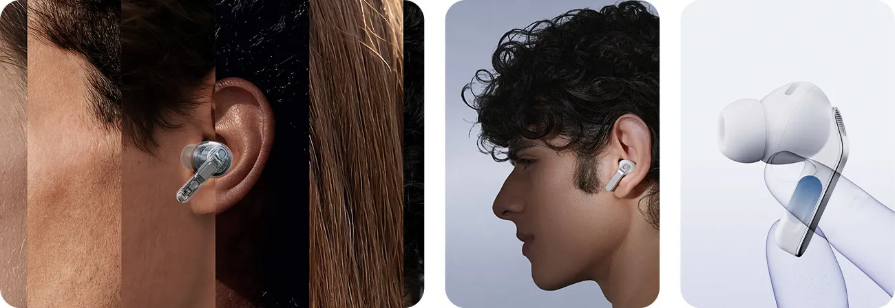 Trzy kadry: bezprzewodowe słuchawki douszne w różnych uszach (po lewej), osoba z białą słuchawką w uchu — twarz zamazana (środek), oraz zbliżenie słuchawki z miękką silikonową końcówką ściskaną palcami (po prawej).