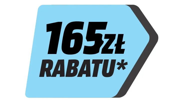 Niebieska ikona w kształcie strzałki z czerwoną obwódką. Czarny napis "165 zł RABATU*".