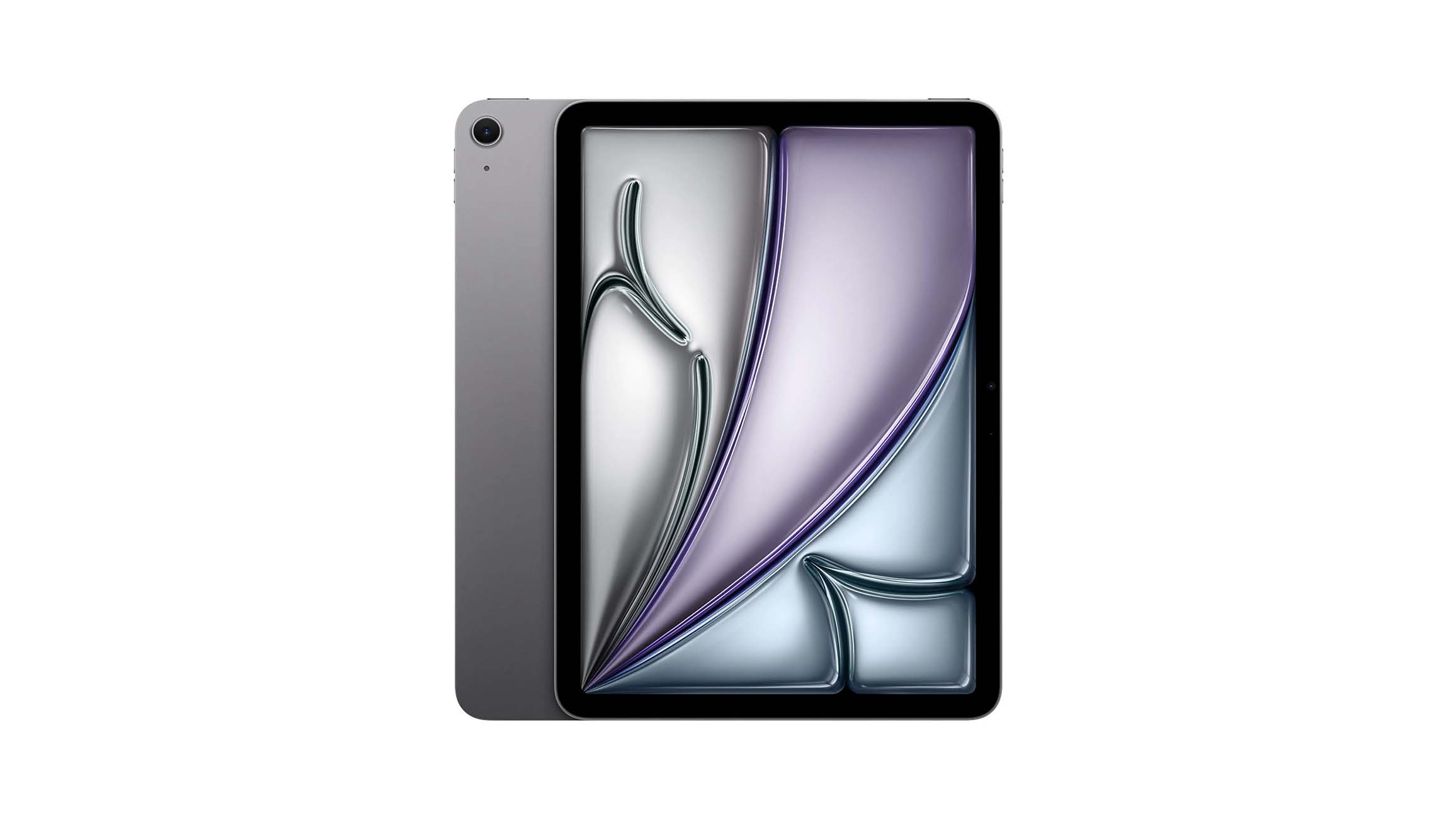 Srebrny Tablet Apple iPad z wyświetlaczem prezentującym kolorową grafikę, pokazany z przodu na białym tle