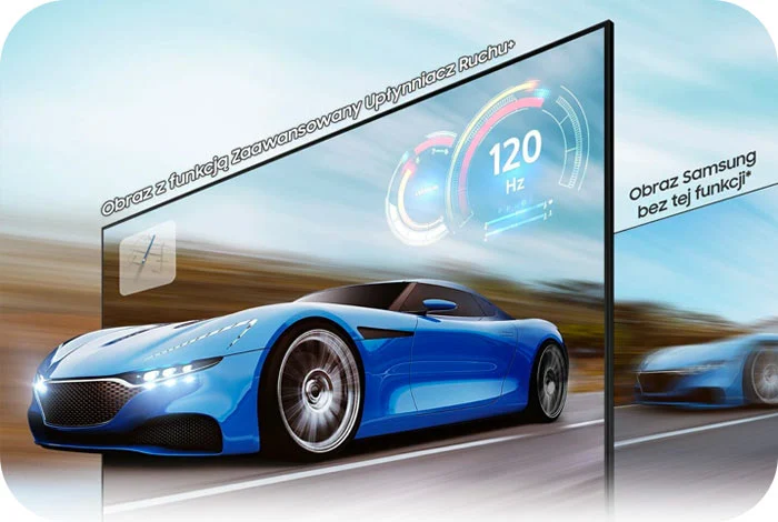 Dwa ekrany TV. Na jednym niebieski sportowy samochód w ruchu z licznikiem 120 Hz, na drugim ten sam samochód bez licznika.