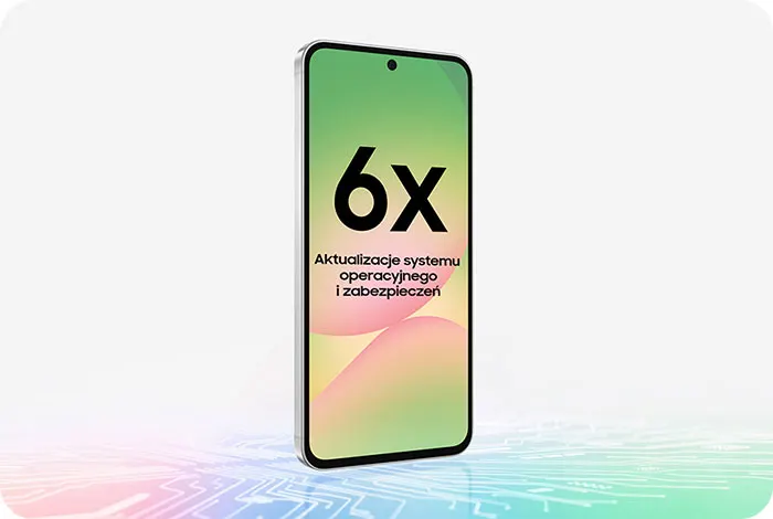 Telefon z tekstem "Aktualizacje systemu operacyjnego i zabezpieczeń" na ekranie. Tło jest białe, a pod spodem jest grafika z obwodów drukowanych.
