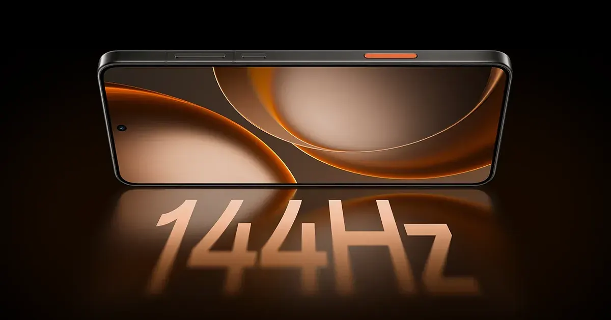 OPPO Find X9 Ultra świecący ekranem ku dołowi na napis 144 Hz odzwierciedlając wysoką częstotliwość ekranu.