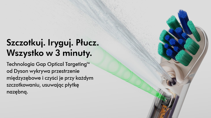 Przekrój końcówki szczoteczki Dyson z zielonym światłem wykrywającym przestrzenie międzyzębowe; obok hasło o myciu w 3 minuty.