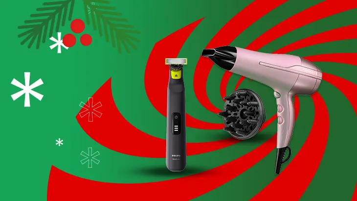 Na zielonym tle z czerwonymi spiralami leżą golarka, suszarka do włosów i dyfuzor. Jest też grafika z motywami świątecznymi.