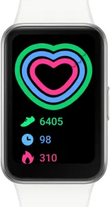 Zegarek z wyświetlaczem pokazującym dane aktywności: kroki (6405), czas (98) i spalone kalorie (310) oraz graficzne tętno w sercu.