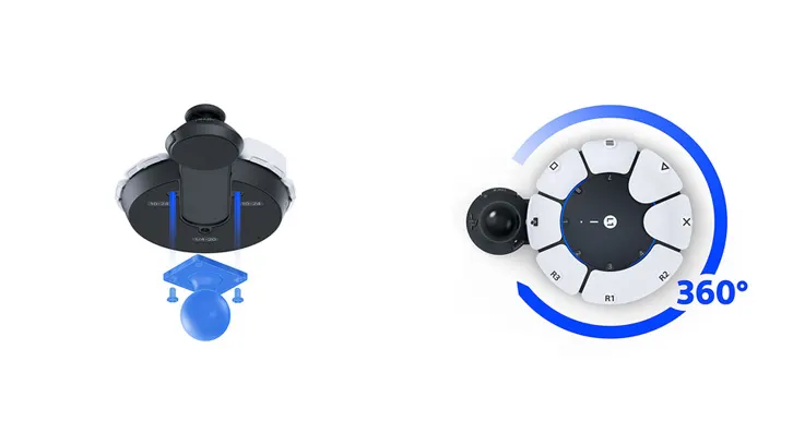 Na białym tle widoczne są dwa urządzenia do gier. Po lewej stronie jest czarne urządzenie z niebieskim symbolem. Po prawej znajduje się biało-czarne urządzenie z joystickiem, otoczone niebieskim okręgiem.