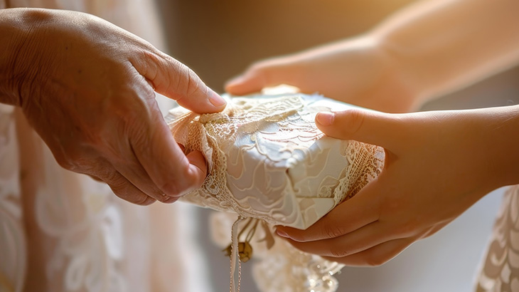 Dłonie wręczają sobie białe pudełko z koronkowym wykończeniem, przewiązane sznurkiem.