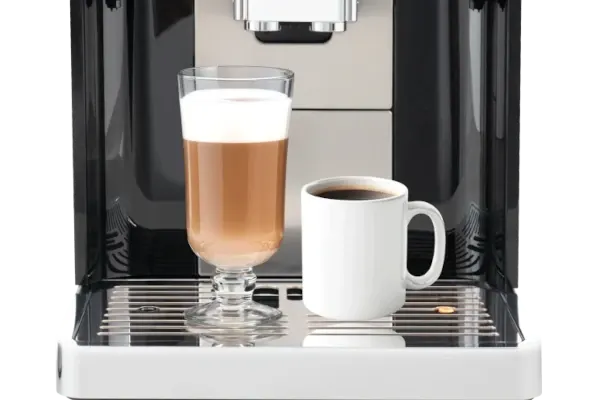 Automatyczny ekspres do kawy KOENIC Cremaro+ z wysoką latte macchiato i filiżanką czarnej kawy na metalowym ociekaczu.