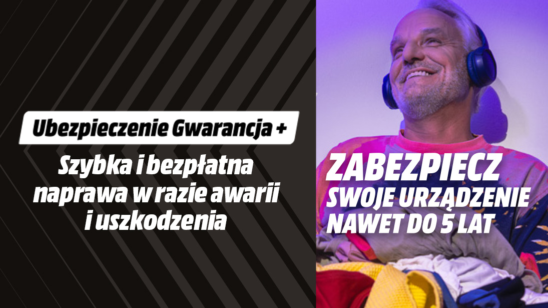 Reklama: mężczyzna w słuchawkach, z tekstem o ubezpieczeniu i gwarancji. Tło w odcieniach fioletu i czerni.