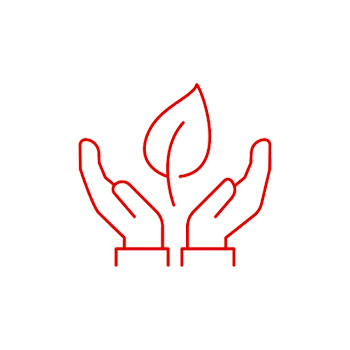 Czerwone kontury dłoni trzymające liść na białym tle, symbolizujące naturę i opiekę.