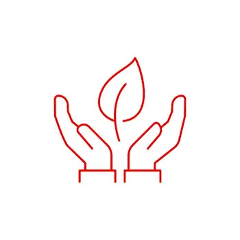 Czerwone kontury dłoni trzymające liść na białym tle, symbolizujące naturę i opiekę.