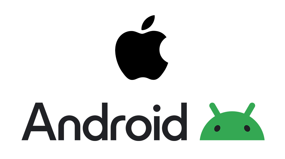 Na białym tle logo Apple, poniżej napis Android i zielona grafika robota.