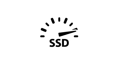 Czarny symbol prędkościomierza z napisem "SSD" na białym tle, wskazujący na szybki dysk półprzewodnikowy.