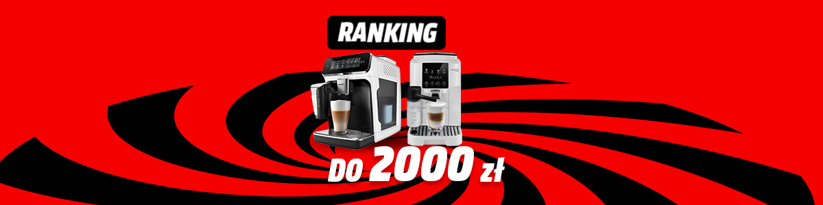 Dwa ekspresy do kawy na czerwonym tle z czarnymi paskami. Nad nimi napis "Ranking", poniżej "do 2000 zł".