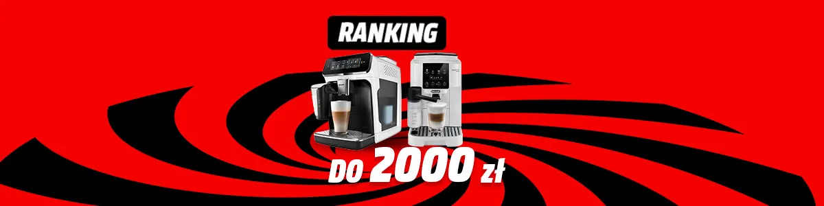 Dwa ekspresy do kawy na czerwonym tle z czarnymi paskami. Nad nimi napis "Ranking", poniżej "do 2000 zł".