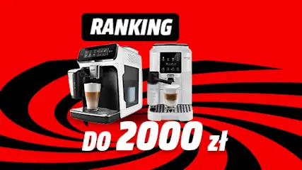 Dwa ekspresy do kawy na czerwonym tle z czarnymi paskami. Nad nimi napis "Ranking", poniżej "do 2000 zł".